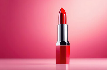 vibrant red lipstick on elegant pastel pink background. beauty and fashion concept
