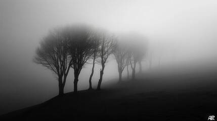 Artistic black and white landscape of a foggy forest, Nature, Mystery