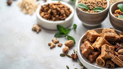 Obraz premium Premium dog treats in a stylish setup with elegant elements and fresh ingredients, blank space for text
