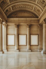 Obraz premium A large, empty room with three pillars and a high ceiling. The room is empty and has no furniture or decorations
