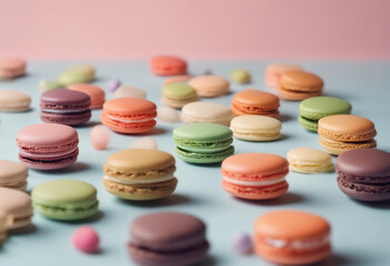 Obraz premium Various colorful of macarons floating on the air isolated on clean background Desserts sweet cake co