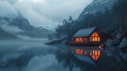 Fototapeta premium cozy cabin on the edge of water