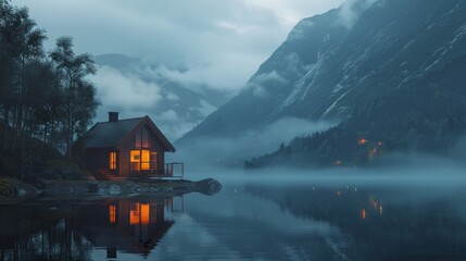 Fototapeta premium cozy cabin on the edge of water