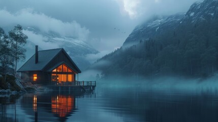 Fototapeta premium cozy cabin on the edge of water