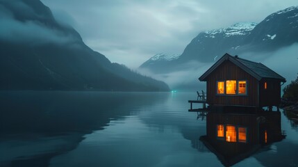 Fototapeta premium cozy cabin on the edge of water
