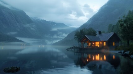 Fototapeta premium cozy cabin on the edge of water