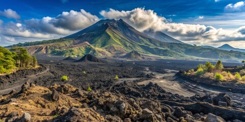 Volcanic Landscape with Lush Green Slopes and Blue Sky, Indonesia, Volcano, Nature, Landscape, Travel