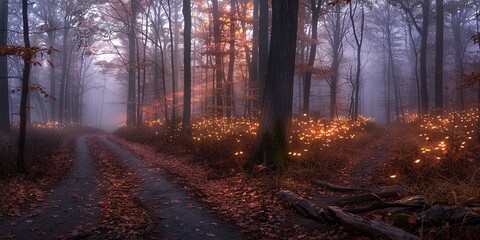 Sunlit forest path with golden leaves on the ground and trees creating a serene autumn atmosphere.