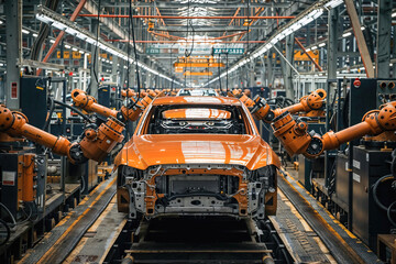 A car is being built in a factory with many robotic arms working on it
