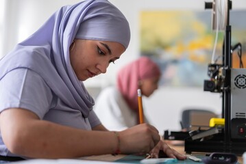 A woman in a lavender hijab sketches with a pencil and uses measuring tools, working meticulously at a desk with various crafting supplies and a 3D printer