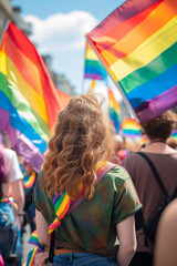 Group Of People With Rainbow Flags At Pride Parade