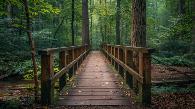 Wooden bridge leading into dense woods surrounded by lush greenery
