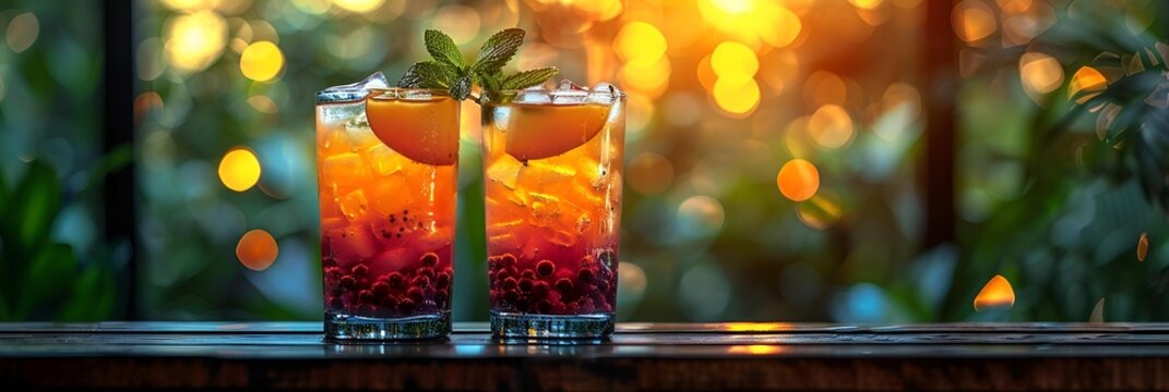 two glasses of drinks on a table.