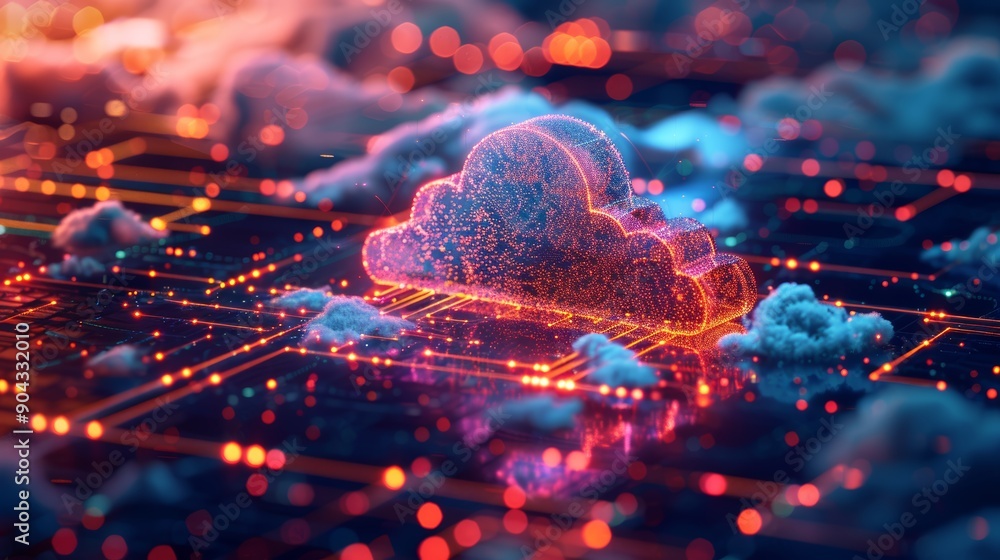 Poster an elegant 3d illustration of a cloud floating above a digital grid, representing the foundation of 