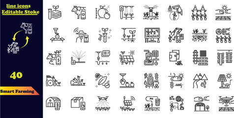 Set of thin line smart farm Icons . farming, gardening, agriculture, smart farm, farm animals, seeding. © M