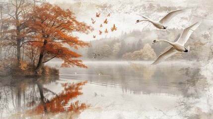 Swans flying over autumnal lake.