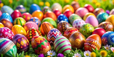 Fototapeta premium A Colorful Symphony of Easter Eggs in a Lush Green Meadow, Easter , Spring , Holiday , Celebration