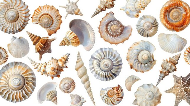 a collection of sea shells spread out on a clean, white background