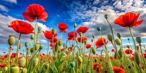 Fototapeta premium A Field of Red Poppies Against a Blue Sky with Fluffy Clouds, Bright, Colorful, Nature, Poppy Field, Poppy Flowers, Spring