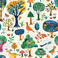 Playful eco-friendly seamless pattern featuring whimsical flowers and leaves in pastel colors, nature-inspired design, detailed and vibrant