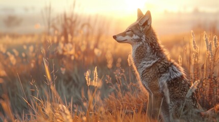 Coyote at Sunset in Tall Grass.