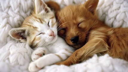 Obraz premium Puppy and kitty are hugging