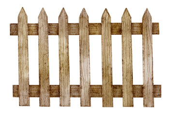 Wooden Picket Fence Rustic Wood watercolor illustration on isolated background. Drawing of countryside Outdoor farm Decor. Old boundary made of timber planks.