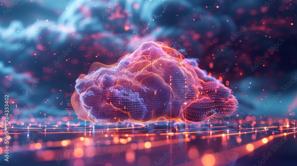 Poster a vibrant 3d illustration of a cloud with data flow lines connecting to various points, illustrating
