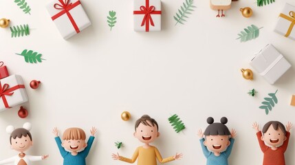 Obraz premium A group of children are standing around a blue box with a red ribbon on it