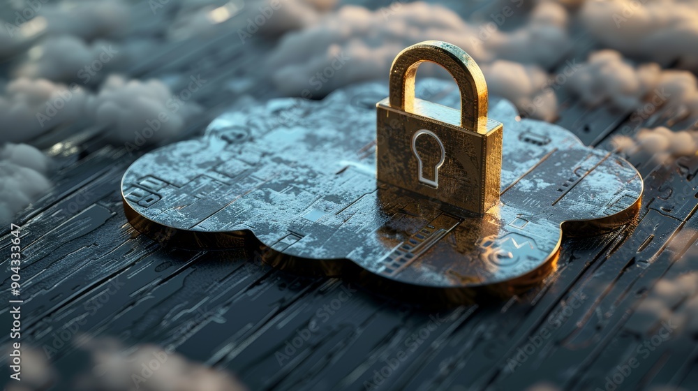 Poster a conceptual 3d rendering of a cloud with a digital padlock, illustrating the concept of secure clou