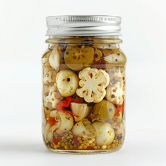 Medium shot of Preserved vegetables in the jar, isolated on a white background, 