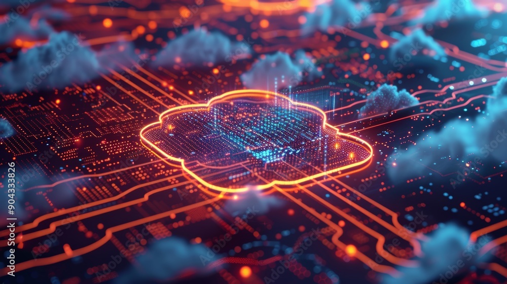 Poster an artistic 3d illustration of a cloud network with holographic elements, showcasing the advanced te