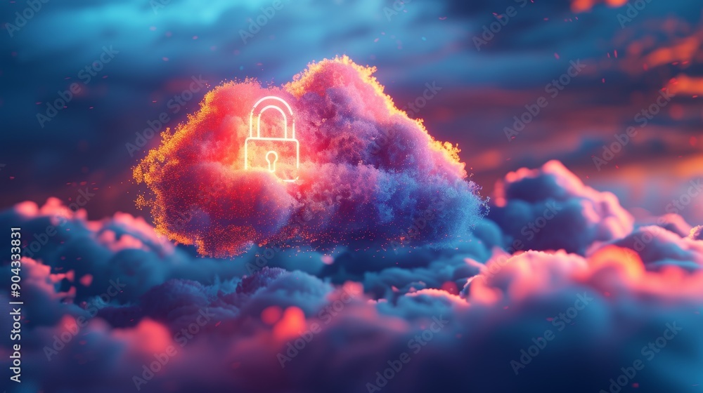 Poster a detailed 3d illustration of a cloud with a padlock hovering in front, symbolizing secure cloud sto