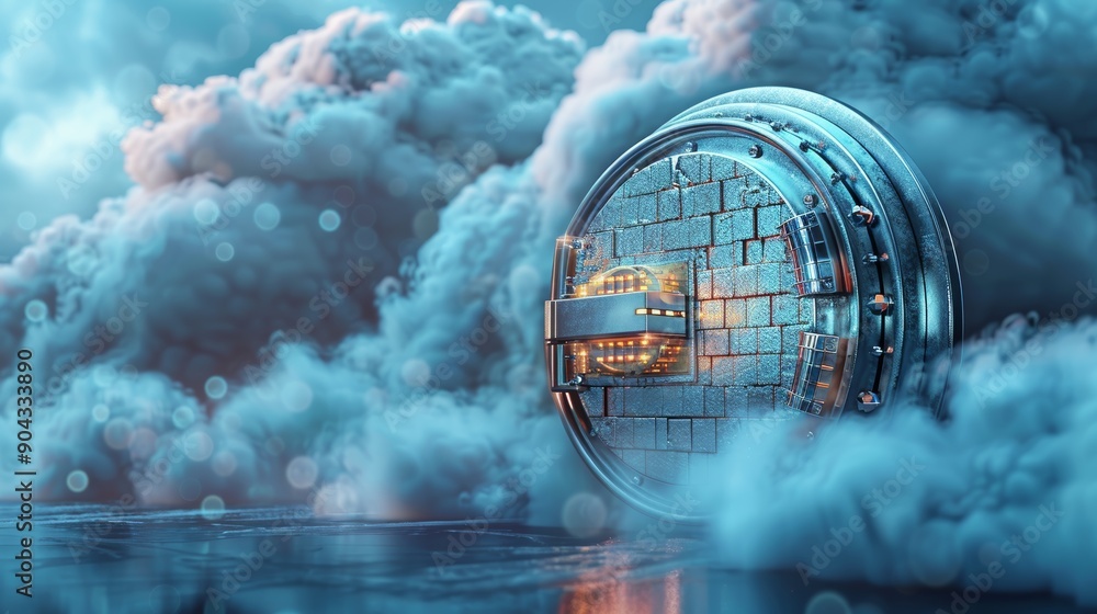 Poster a conceptual 3d illustration of a cloud with a secure vault door, emphasizing the safety and securit