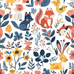 Playful eco-friendly seamless pattern with cute forest animals and trees, bright colors, nature-inspired design