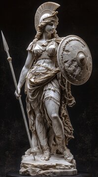 a marble statue of the goddess athena with a spear and a shield on black background