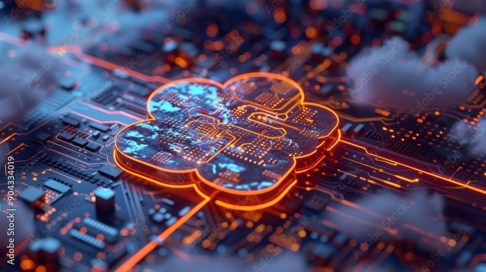 Poster a sleek 3d illustration of a digital cloud with embedded circuitry, representing the integration of 