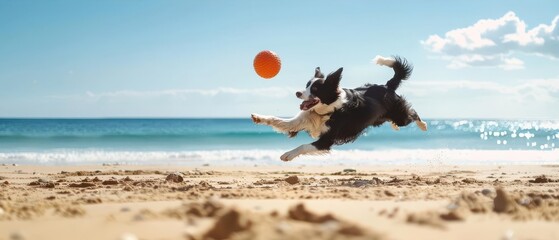 A joyful dog leaps into the air to catch a bright ball on a sandy beach, capturing the essence of fun and excitement in a sunny outdoor scene