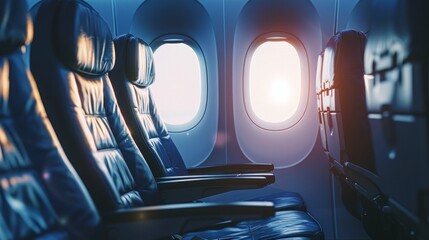 Empty aircraft seats and light shine porthole windows, 
