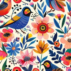 Eco-friendly seamless pattern featuring whimsical flowers and birds, playful and vibrant, detailed nature design