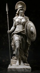 Obraz premium a marble statue of the goddess athena with a spear and a shield on black background