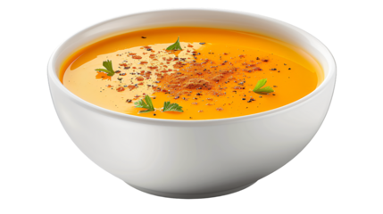 Bowl of creamy pumpkin soup garnished with fresh herbs and spices, isolated on transparent background