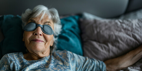 Fototapeta premium Relaxed Elderly Woman Resting with Eye Mask on Bed