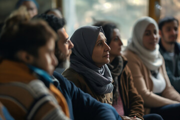 Fototapeta premium Diverse Group of People in Discussion During a Community Meeting Indoors
