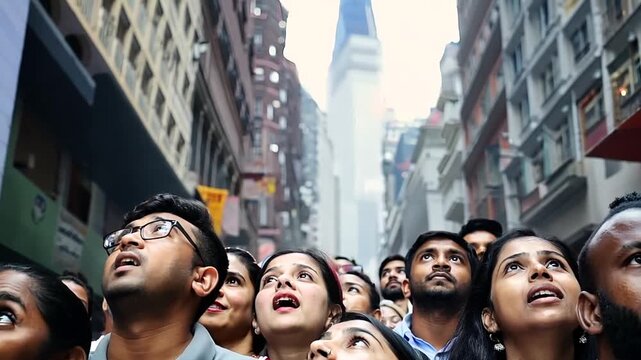 Crowd of people looking up the sky in awe and shocked