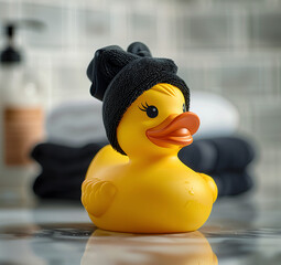 a yellow rubber duck wearing a black towel. it  sits on folded towel in a bathroom