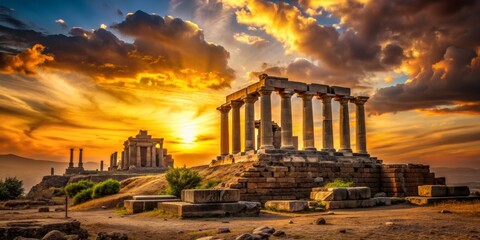 Obraz premium Ancient Temple at Sunset, Golden Hour, Ruins, Greece, Architecture, History