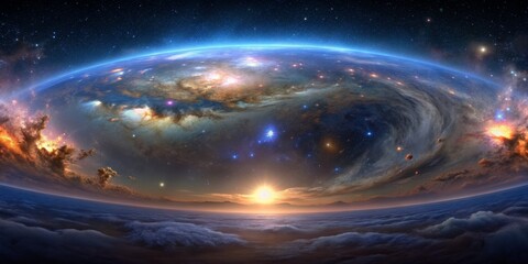 Atop the Clouds, Gazing at the Cosmic Tapestry, Digital Art, Galaxy, Sunrise, Clouds , space