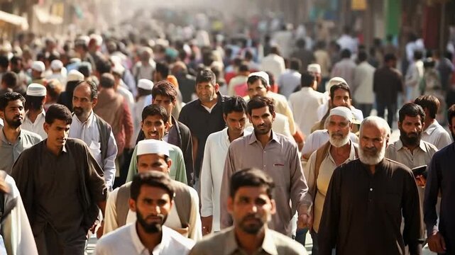 Crowd of people walking city street