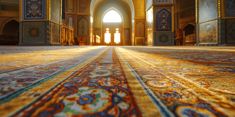 Obraz premium Sunlit Mosque Interior with Ornate Carpet and Intricate Architecture
